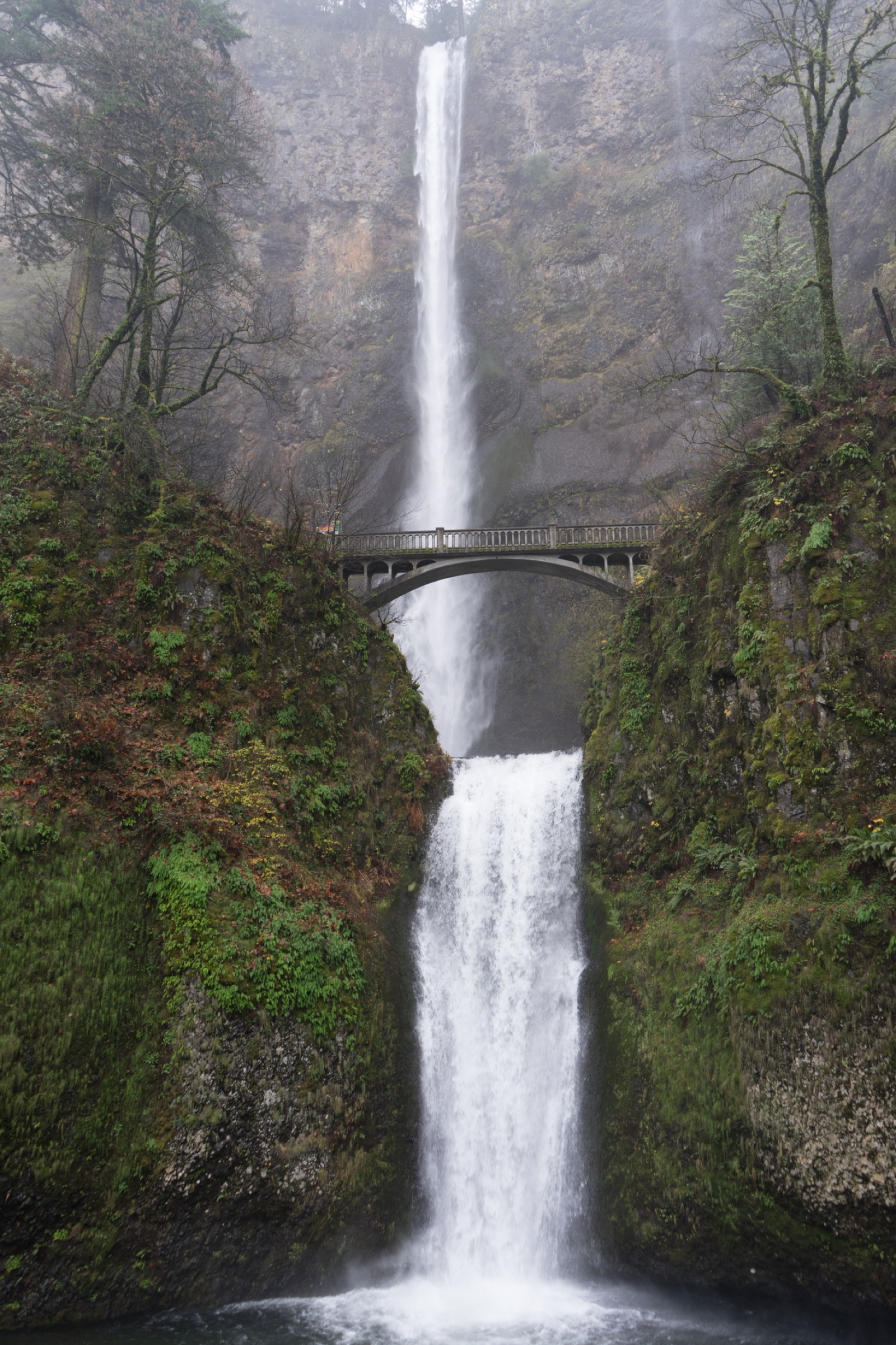 Tall waterfall flowing behind a bridge in a misty forest